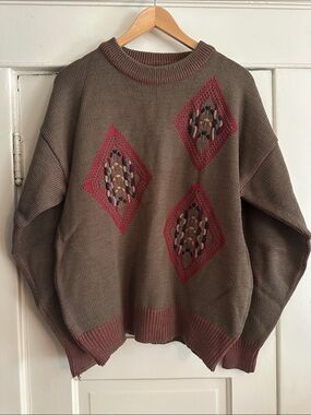 Vintage Men’s New River Green Knit Sweater with Diamond Embroidery